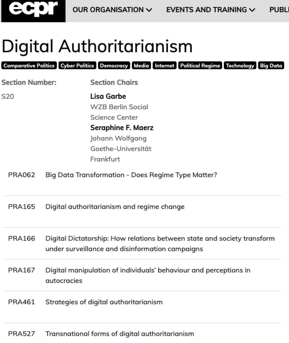 Going to @ECPR in Prague #ecprgc23? Don’t miss the compelling panels in our section on #DigitalAuthoritarianism with great scholars presenting their work, e.g. @LaserGabi @krisruygrok @mmichae1sen @Polinechen @lena_ulbricht @MichalMochtak @Restrauc @Delrio_Adri and many more!