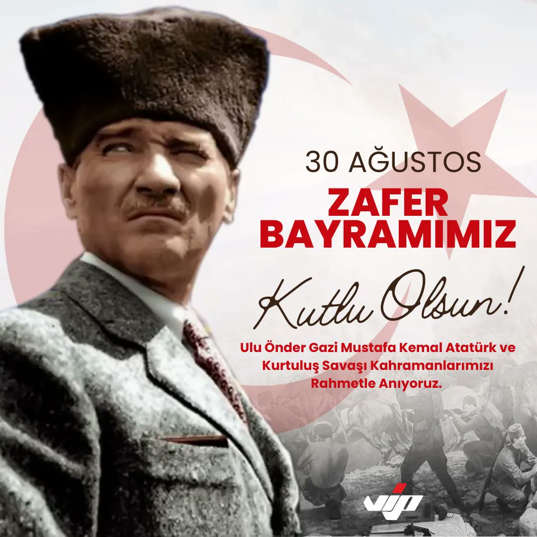 🇹🇷  Vatanımızın birliği, milletimizin bağımsızlığı ve egemenliğinin temsili #30AğustosZaferi’mizde Gazi Mustafa Kemal Atatürk'ü, silah arkadaşlarını ve Kurtuluş Savaşı'mızın tüm kahramanlarını rahmet ve minnetle anıyoruz.

#30AğustosZaferBayramı’mız Kutlu Olsun!