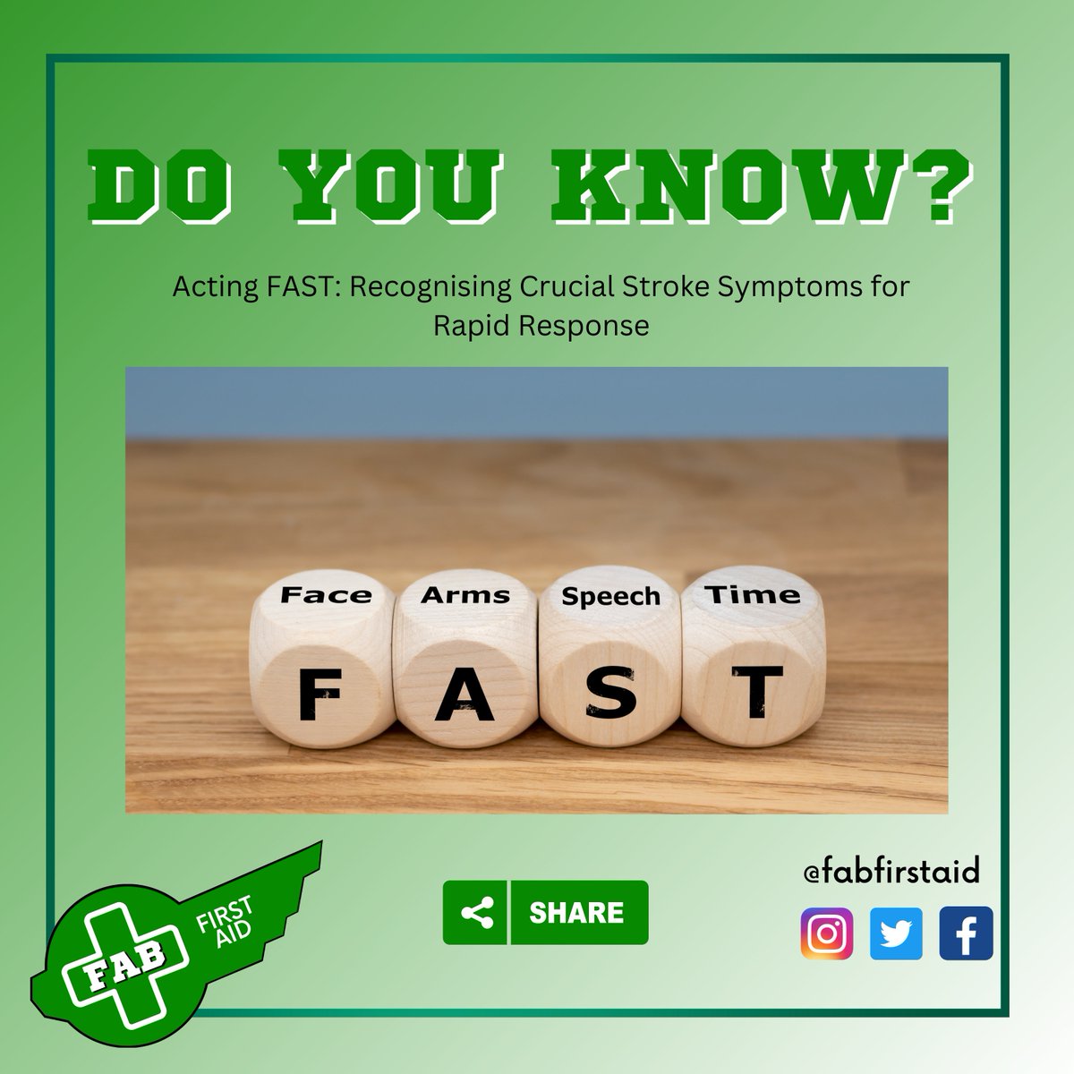 fab_firstaid's tweet image. 🚨 Did you know? Remember the &apos;FAST&apos; acronym for stroke symptoms: Face drooping, Arm weakness, Speech difficulties, Time to call for help. Recognising these signs can save lives! Act fast and get medical attention. #StrokeAwareness #FASTResponse 🩺🚑