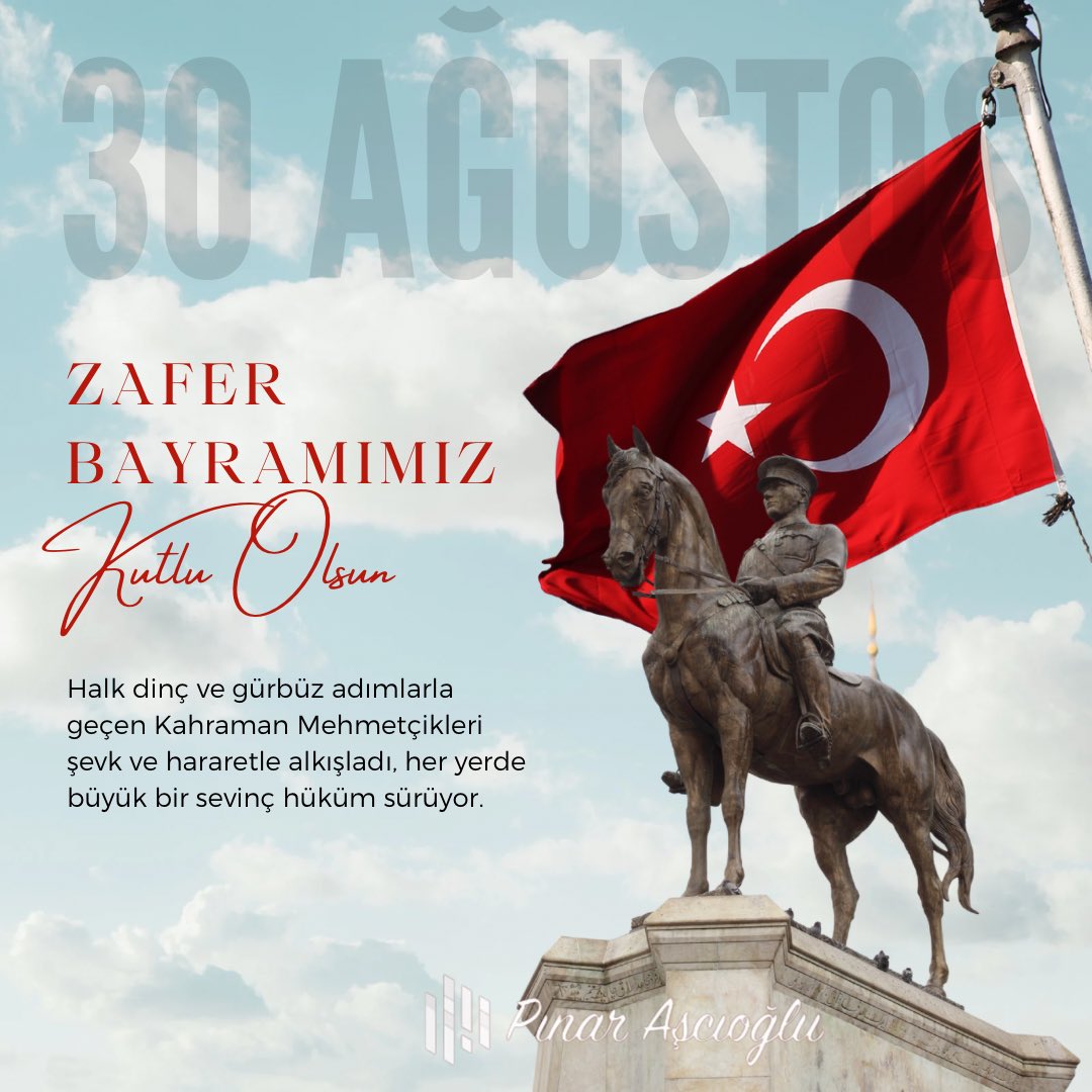 30 Ağustos Zafer Bayramımız kutlu olsun.
Bu vatan uğruna mücadele etmiş başta Mustafa Kemal Paşa ve silah arkadaşlarının ve kanını vatanı uğruna çekinmeden toprağa dökmüş can vermiş tüm şehitlerimizin mekanları cennet olsun ruhları şad olsun.
#30AgustosZaferBayramı