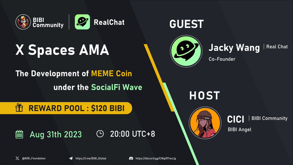 BIBI_Foundation's tweet photo. AMA at 20:00 (UTC+8) on August 31st 🎉
 
#BIBI X #Realchat Looking forward to our first AMA with @0xRealchat

Set Your Reminder:  👇👇👇
https://t.co/LC1LkJvA6i

#BIBI By the Community For the Community  #memecoins #NFT #community #Consensus2023 #iweb3 #BIBI #SocialFi https://t.co/1y22XFht0C