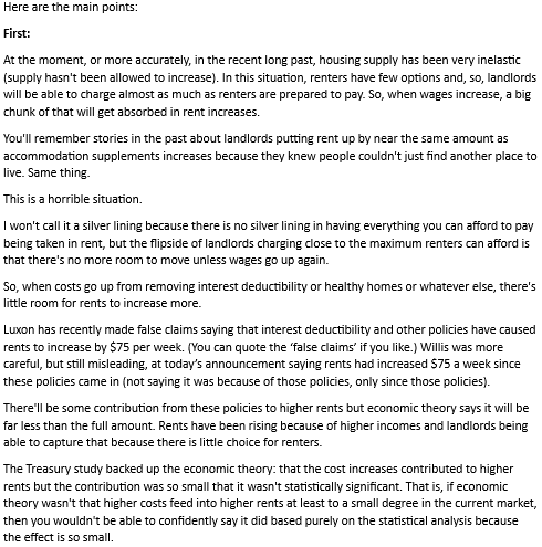 Economissive's tweet photo. On Morning Report, Luxon said that removing interest deductibility and increasing the bright line test had (exact quote) "added $75 a week to rents"

Nonsense, at least from a historical perspective

A journalist rang me about the claim today. After a chat, I sent them this https://t.co/qE0dArgGBh