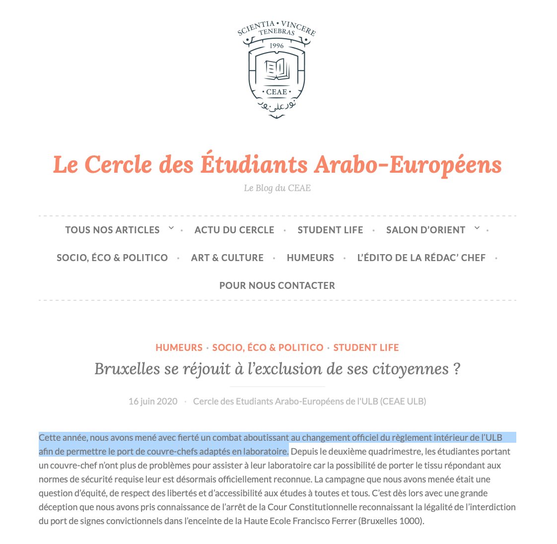 H_Montefiori's tweet photo. Bonjour @ULBruxelles, vous ne parlez pas du Cercle des Etudiants Arabo-Européens (#CEAE), véritable antenne des #FrèresMusulmans.
En 2020, ils ont fait pression pour changer le ROI, afin d’autoriser le #hijab en laboratoire: alors que c’était interdit par mesure de sécurité!👇 https://t.co/rrv9jdzpKm