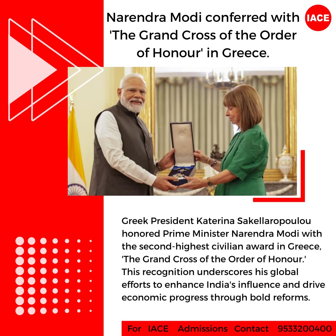 Hyd_IACE's tweet photo. Celebrating Excellence and International Recognition! πβ¨ #NarendraModi #GrandCrossOfHonour #GlobalAchievement #ProudMoment #Leadership #Diplomacy #HonoringExcellence #iace #dailycurrentaffairs #currentaffairs #iacecurrentaffairs #currentaffairs2023 #rrb #ssccgl #ibpspo #sbipo https://t.co/s0tdx2kWJI