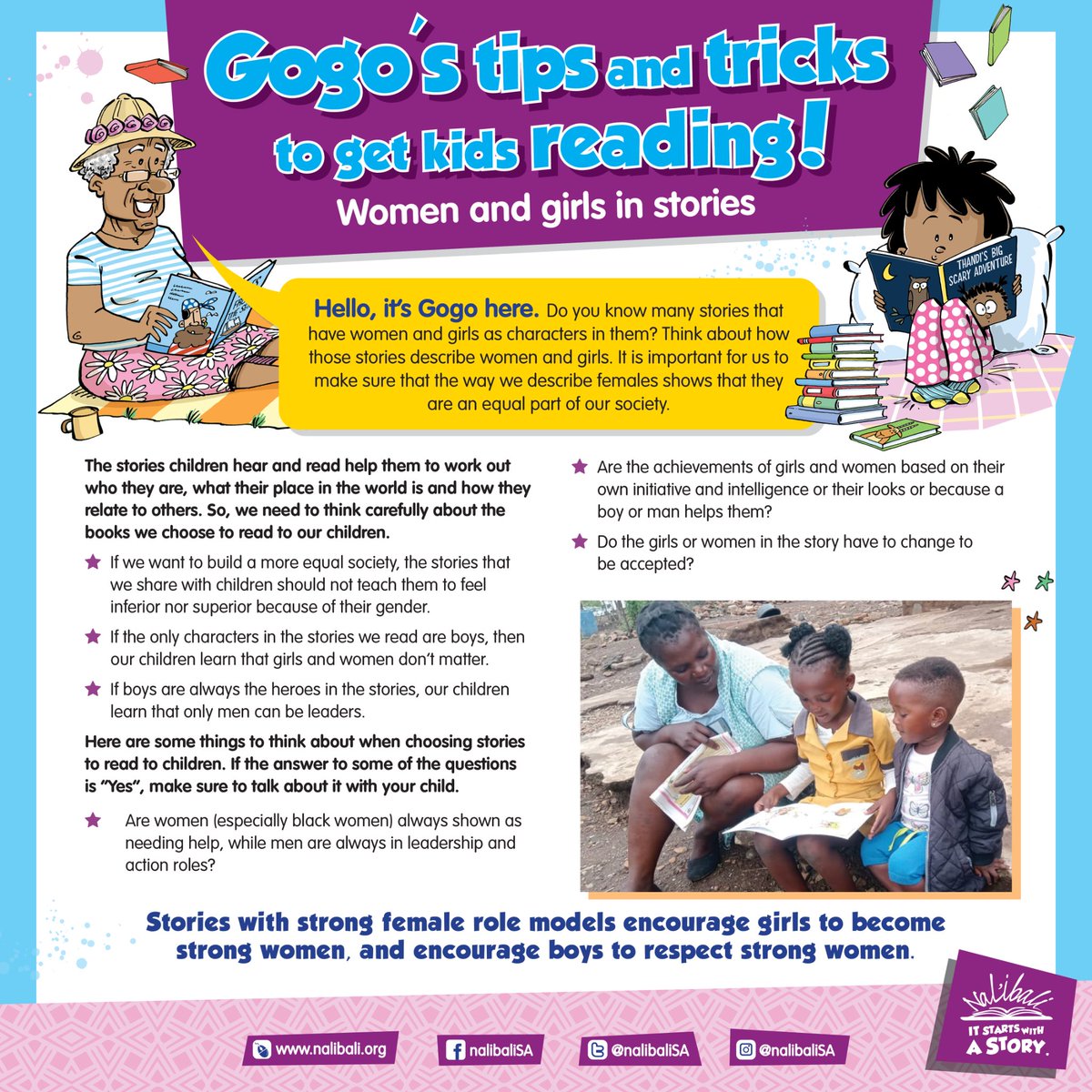 nalibaliSA's tweet photo. Stories with strong female characters encourage girls to become strong women &amp; teach boys to respect women. As we approach the end of #womensmonth2023,Gogo has some tips on how we can write about women &amp; girls in a way that shows that they are equal members of society. #literacy https://t.co/QEop4CaFbV