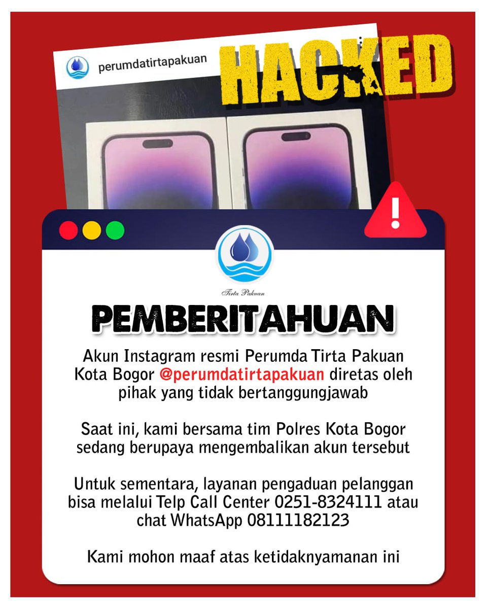 WASPADA  PERETASAN

Segala bentuk informasi yang muncul melalui akun instagram @perumdatirtapakuan terhitung sejak selasa tanggal 29 Agustus 2023  sampai dengan batas waktu yang belum ditentukan BUKAN berasal dari Perumda Tirta Pakuan. 

Kami imbau masyarakat agar berhati-hati.