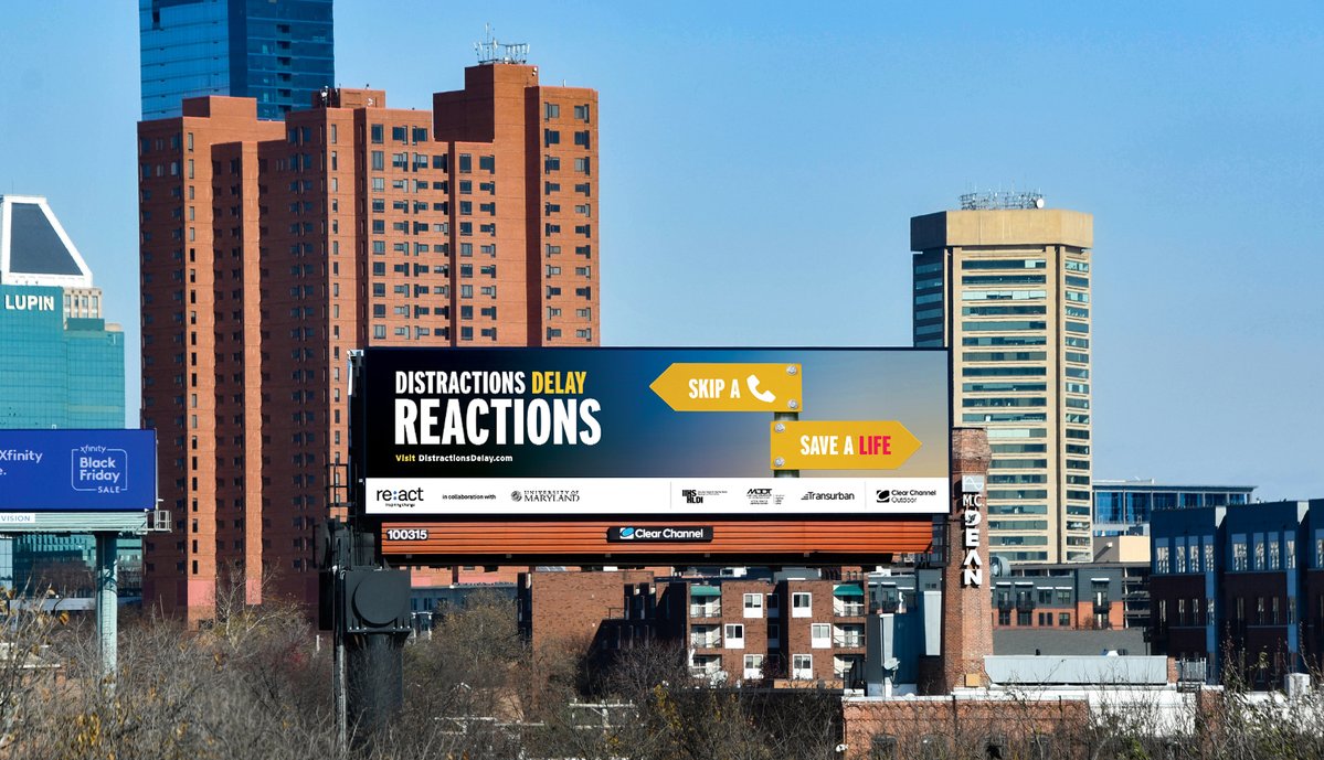 reactforchange's tweet image. Today sees the launch of 2023 Re:act US campaign by Hailey Ng of @UofMaryland. This year's topic is distraction on the roads - Hailey asks us to 'skip a call' to 'save a life'. The campaign is appearing on @CCOutdoorNA billboards in Maryland @MDOTNews @IIHS_autosafety @Transurban