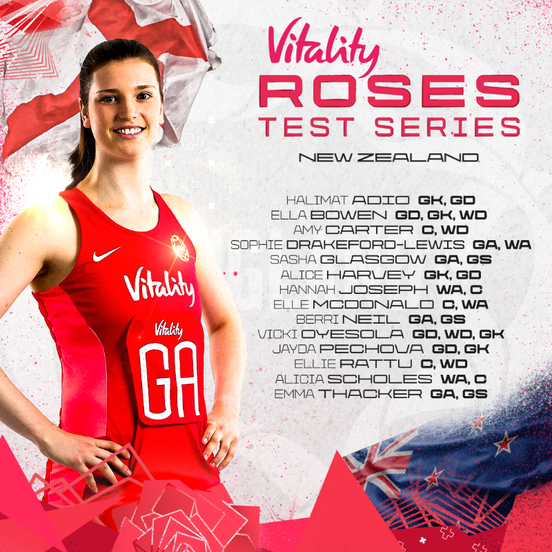 EnglandNetball's tweet photo. New cycle, new faces 🌹

A 14-strong Vitality Roses squad, including seven potential debutants, has been named for the upcoming series vs. @SilverFernsNZ 💪 

ℹ Members of the Netball World Cup playing group and staff will take a planned break.