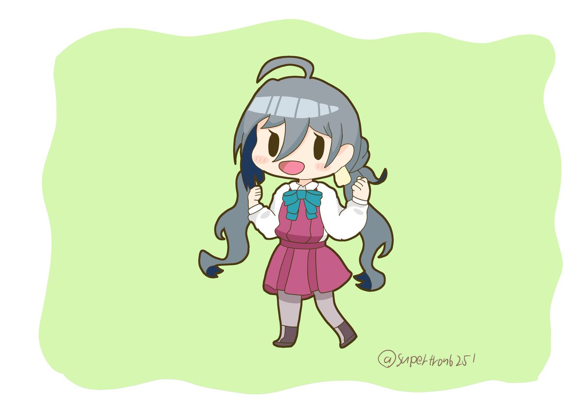 kiyoshimo (kancolle) 1girl solo grey hair twintails low twintails ahoge chibi  illustration images