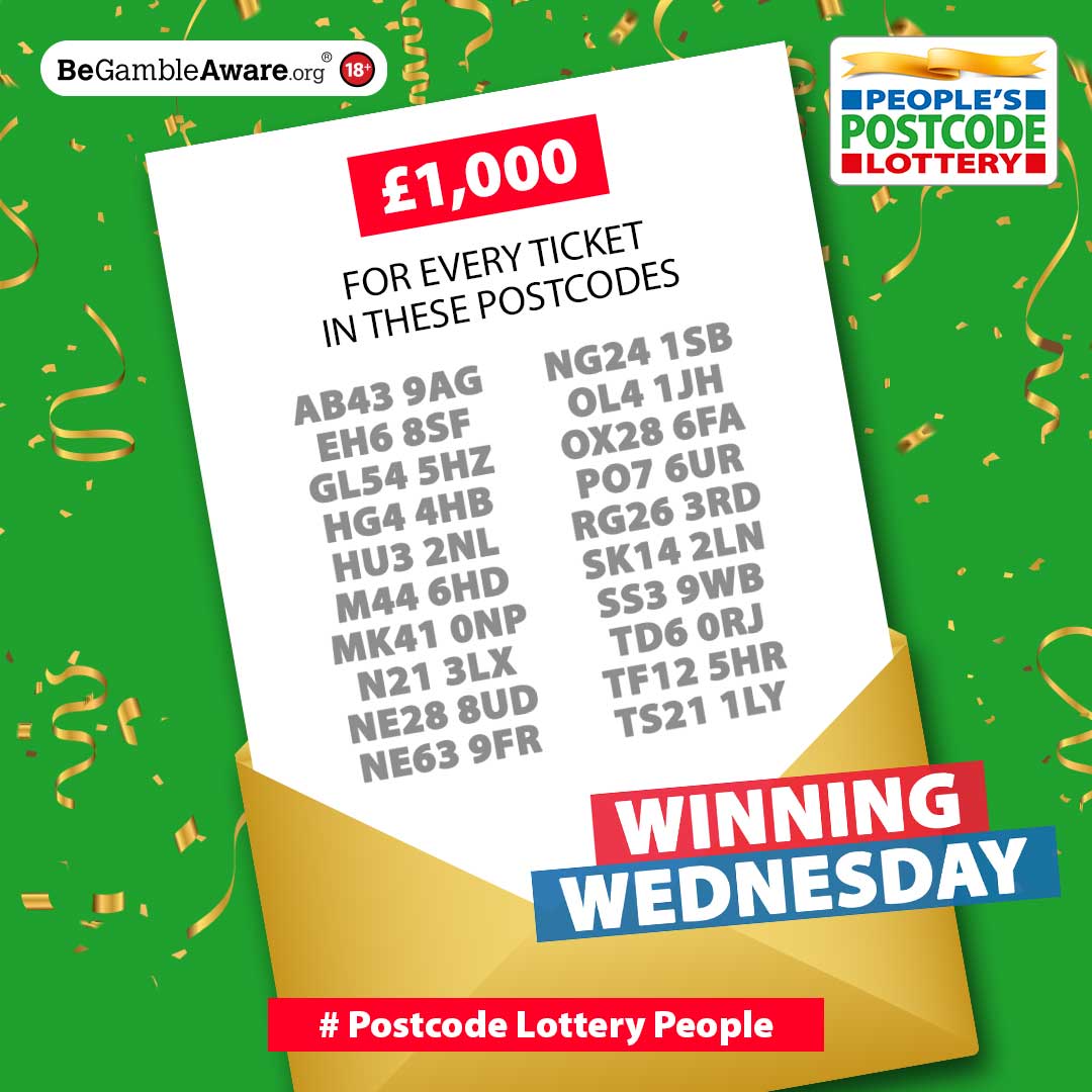 What better way to get over hump day than by winning £1,000 in today's #DailyPrize?!

Congratulations to everyone playing in these TWENTY postcodes 🎉

Wishing all of our #PostcodeLotteryPeople a wonderful Wednesday 💚

postcodelottery.co.uk/lottery-result…