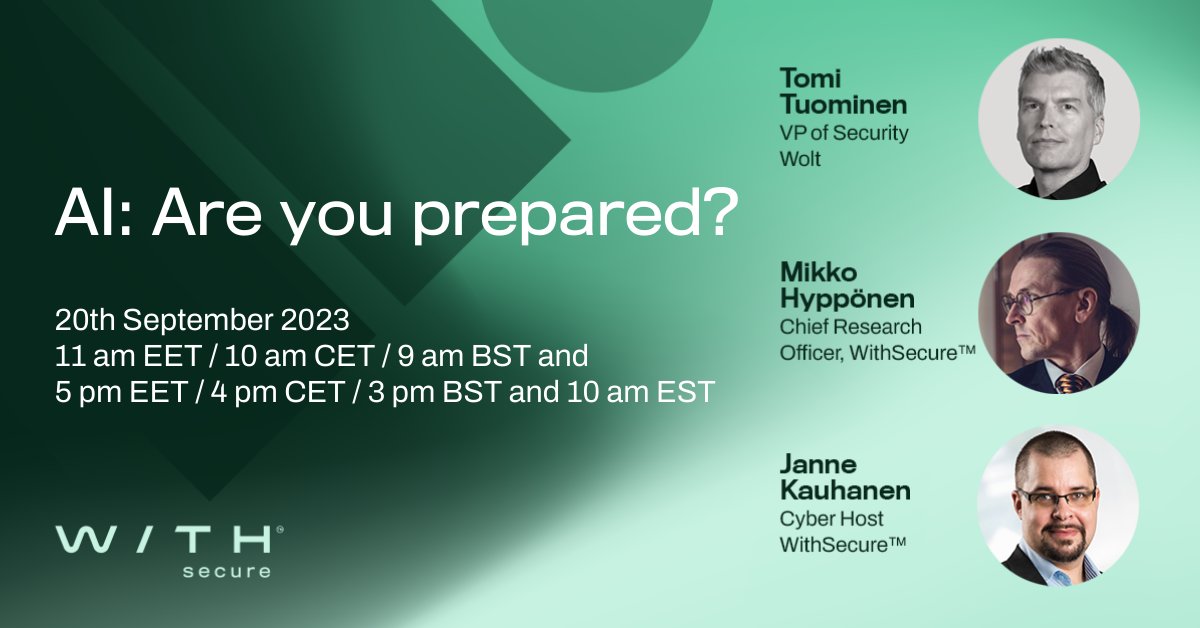 Is AI here to stay? If so, how will it impact your company? Join our webinar on September 20th, as host Janne Kauhanen is joined by renowned cyber security experts Mikko Hyppönen and Tomi Tuominen. 

Register here: withsecure.videosync.fi/webinar-9-23-r…

#AI #CyberSecurity