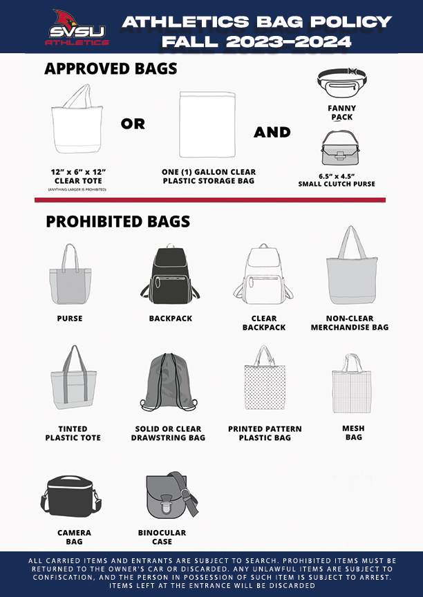 SVSU Athletics is transitioning to a clear bag policy at Football for fan entrance into Harvey Randall Wickes Memorial Stadium.  Head to the link below for more. 
svsucardinals.com/information/SV…
