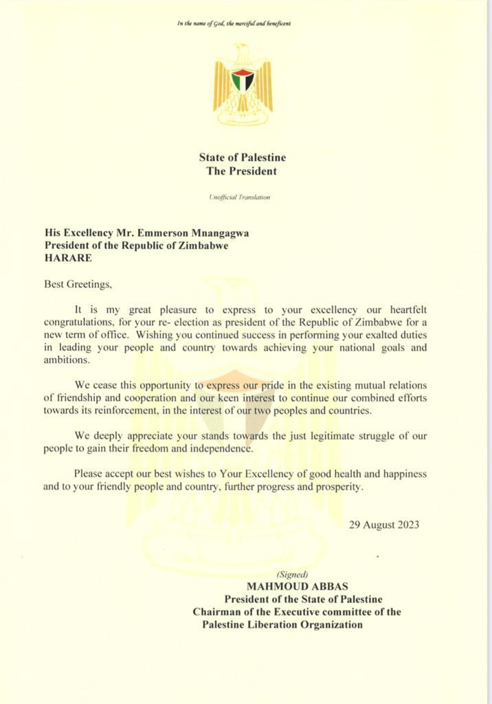 faz_trust's tweet photo. The President of the State of Palestine and Chairman of the Executive Committee of the Palestine Liberation Organisation, President Mahmoud Abbas has congratulated President @edmnangagwa on his re-election victory https://t.co/AgSbr1sIPq
