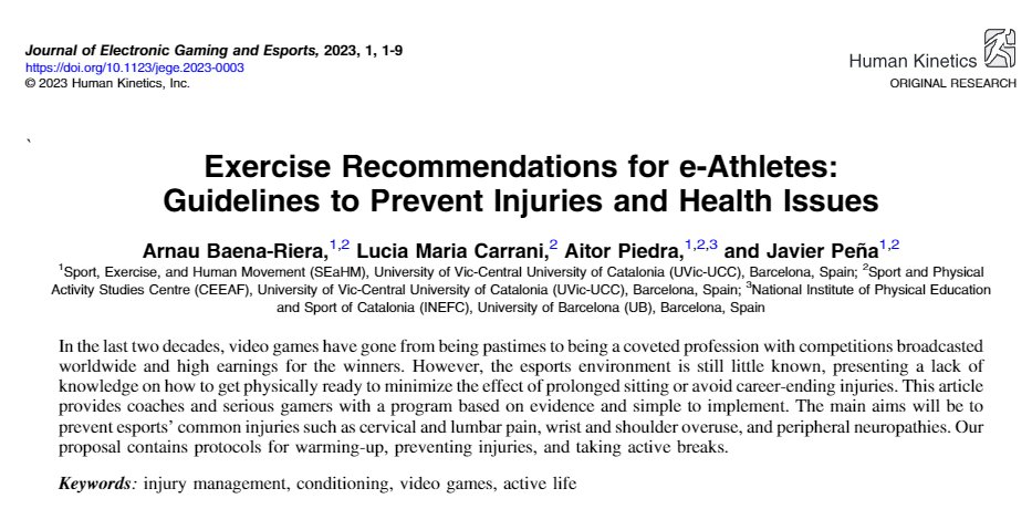 Read a study from <a href="/egaming_esports/">Journal of Electronic Gaming and Esports</a> and Esports! Exercise Recommendations for e-Athletes: Guidelines to Prevent Injuries and Health Issues doi.org/10.1123/jege.2… #esports #egaming #exercisescience