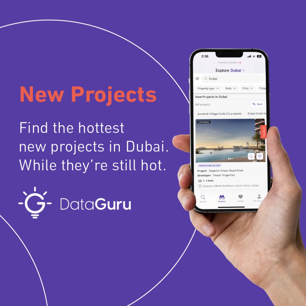 🔥🏙️ Discover Dubai's Hottest New Projects at Your Fingertips! Explore the latest in real estate with DataGuru’s New Project feature through the 'Explore' tab on the Property Finder app today. 📲🏗️ #PropertyFinder #YourHomeFinder #DataGuru #DubaiRealEstate #NewProjects