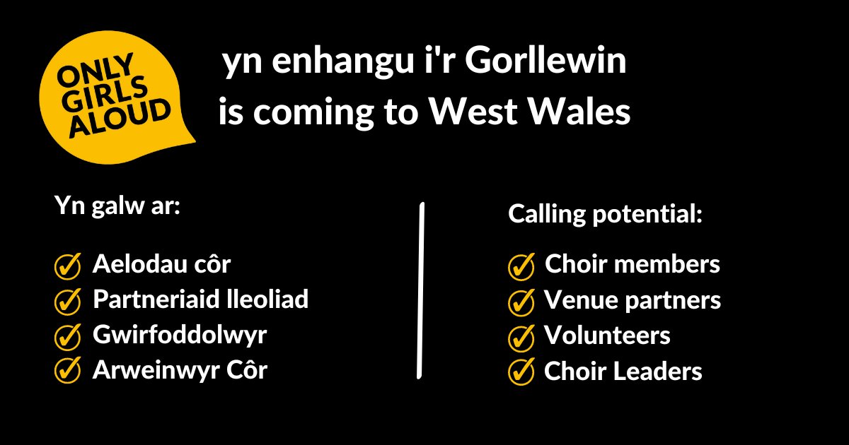 Yn galw ar: 

✨ Aelodau côr 
✨ Partneriaid lleoliad 
✨ Gwirfoddolwyr  
✨ Arweinwyr Côr 

Os hoffech gymryd rhan yn y rhaglen newydd gyffrous hon ar gyfer merched yn eu harddegau yng Ngorllewin Cymru, cysylltwch â ni drwy: ogagorllewin@thealoudcharity.com