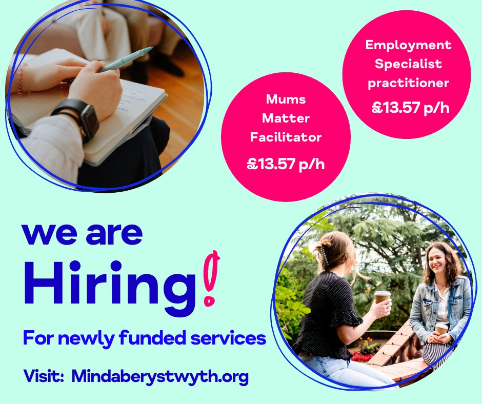 🌟We're Hiring!!🌟
Take a look at these two positions below for our newly funded services. 
For more information and to apply, please visit our website... mindaberystwyth.org/vacancies-2/