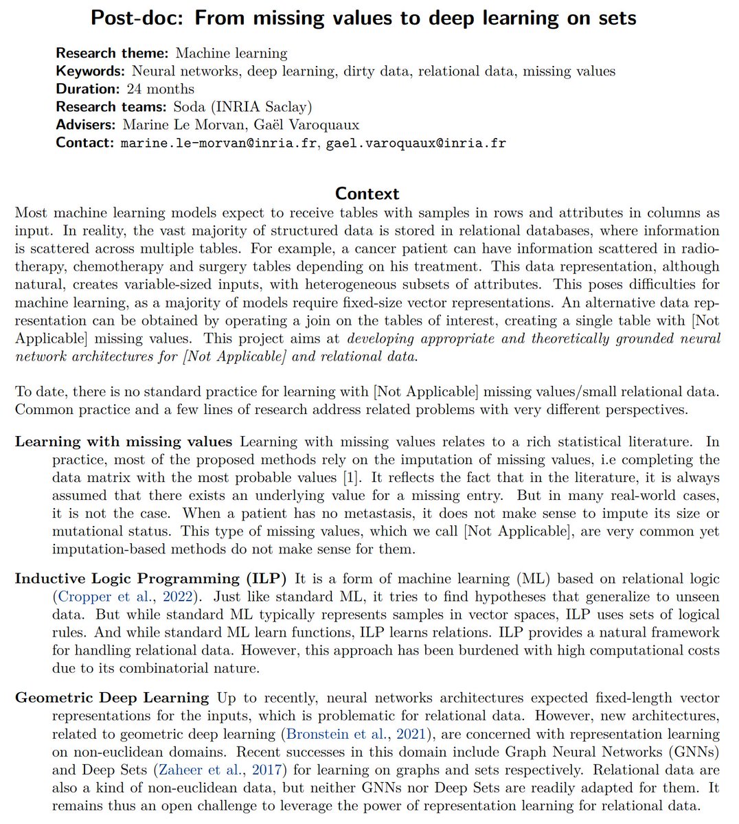 Gael Varoquaux 🦋 (@gaelvaroquaux) on Twitter photo 🎓👨🦱👩 Post-doc: From missing values to deep learning on sets
team.inria.fr/soda/job-offers
with myself and <a href="/MarineLeMorvan/">Marine Le Morvan</a> at <a href="/soda_INRIA/">soda_INRIA @Soda_Inria@sigmoid.social</a>
Come work with us on an exciting topic across statistics and deep learning 🎓👨🦱👩 Post-doc: From missing values to deep learning on sets
team.inria.fr/soda/job-offers
with myself and <a href="/MarineLeMorvan/">Marine Le Morvan</a> at <a href="/soda_INRIA/">soda_INRIA @Soda_Inria@sigmoid.social</a>
Come work with us on an exciting topic across statistics and deep learning