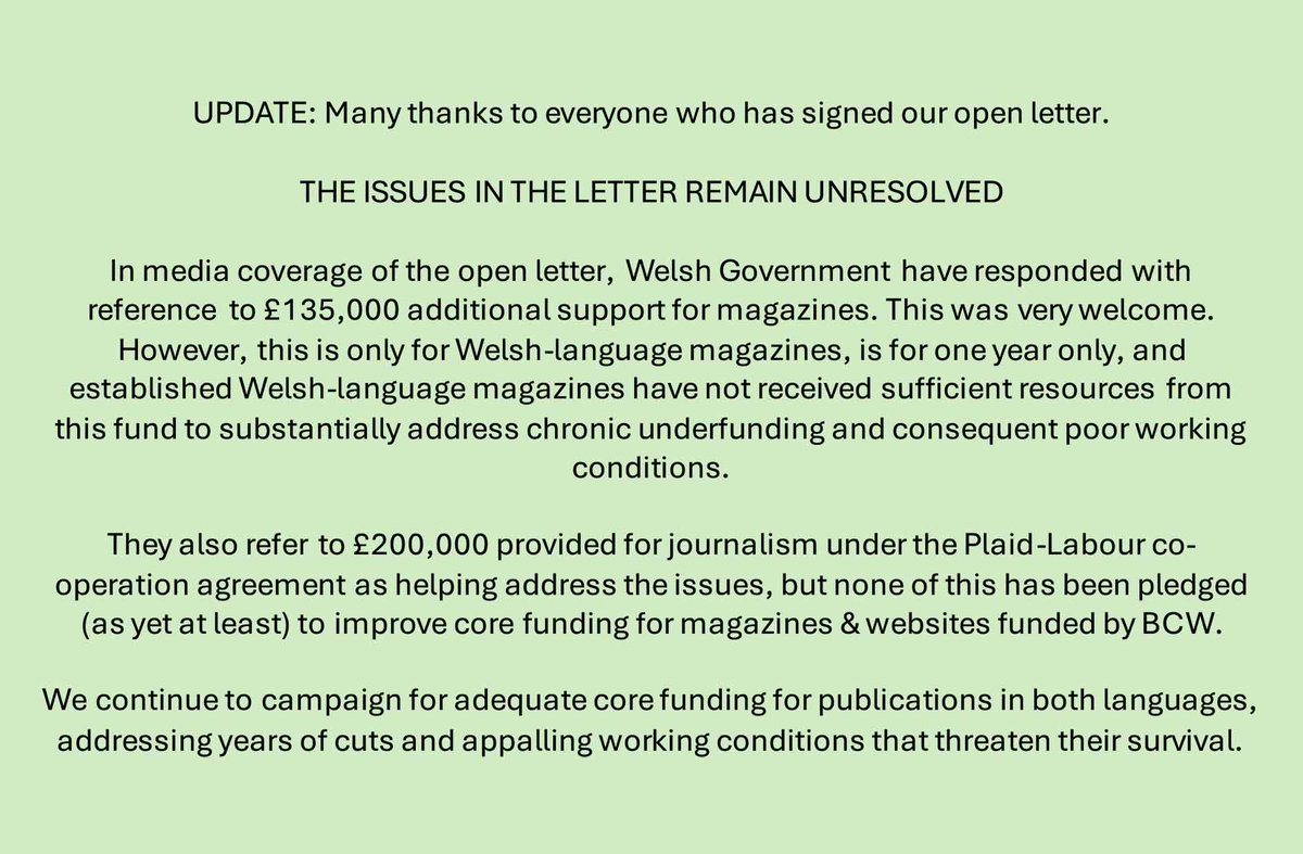 Update on the open letter (seen here mikeparker.org.uk/openletter.html) signed by 150+ Welsh writers, calling for urgent solutions to the chronic structural underfunding of our national magazine and website sector.

Please share. Diolch yn fawr.