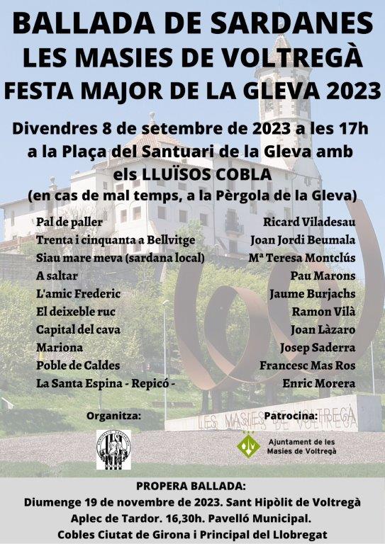 masies_voltrega's tweet photo. Divendres 8 de setembre a les 17 h a la plaça del #Santuari de la #Gleva us esperem a la ballada de #sardanes amb la #CoblaLluïsos de Taradell

En cas de mal temps a la pèrgola

#lesMasiesdeVoltregà #LMV #CulturaLMV #FestaMajorGleva #FMGleva https://t.co/OH6qOOeNJC