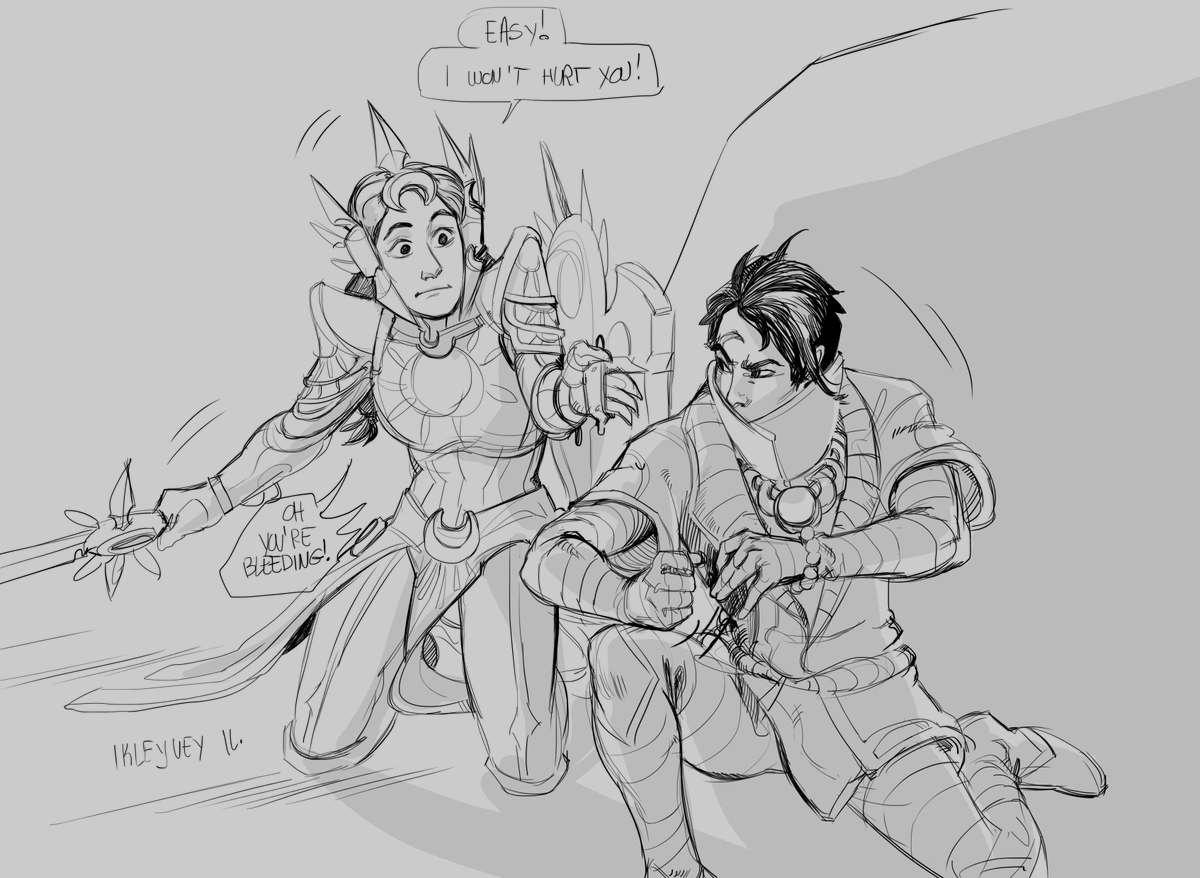 If I remember correctly, I had posted these two entirely separately, but they're meant to be one after the other.

I'll give a spoiler, the next thing that happens is Aphelios throws sand into Leona's eyes and escapes Xd
#artoflegends 