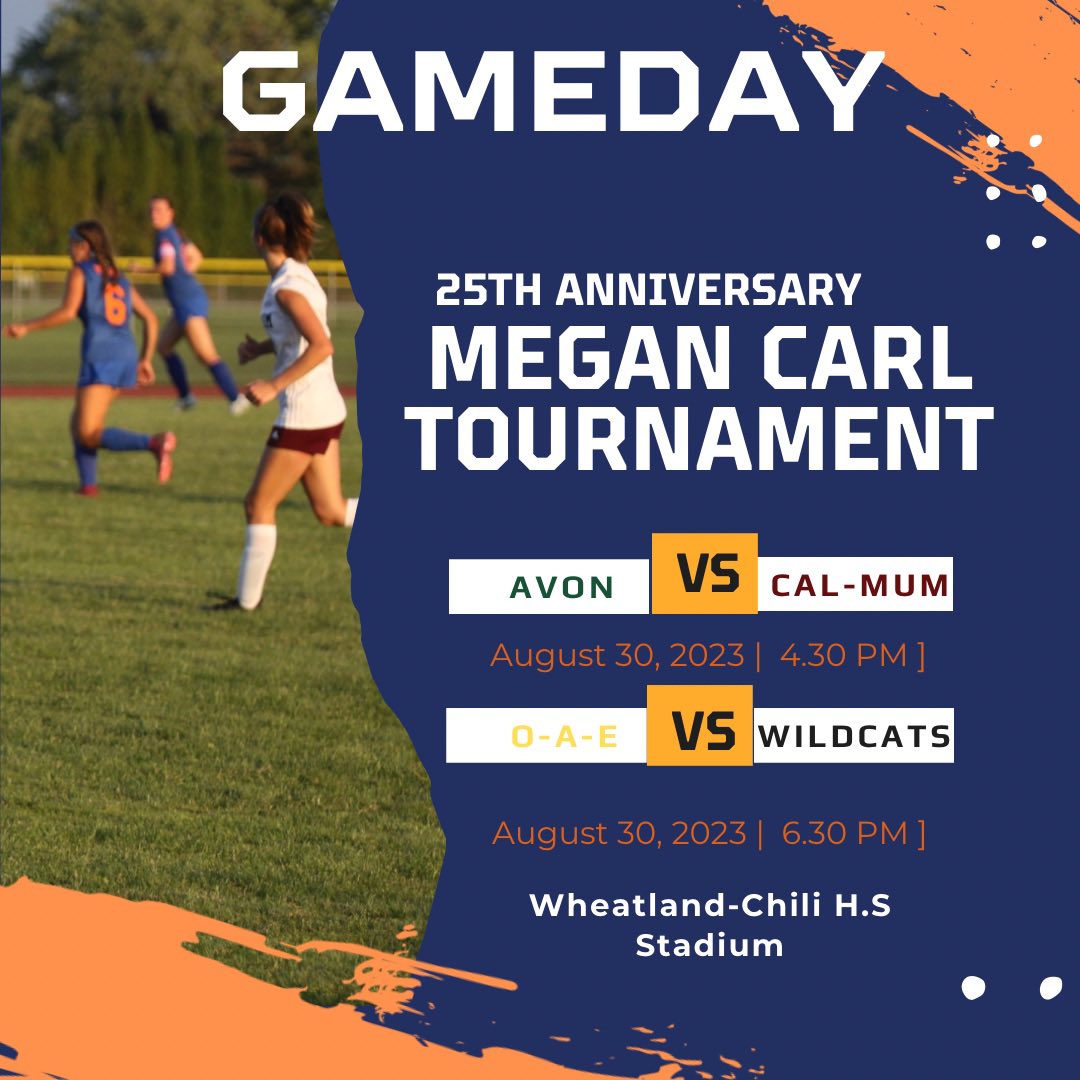 Gameday! Join us for the 25th Annual Megan Carl Tournament. Avon v Cal-Mum @ 4:30 followed by Oakfield-Alabama Elba v Wheatland-Chili @ 6:30. 🧡💙