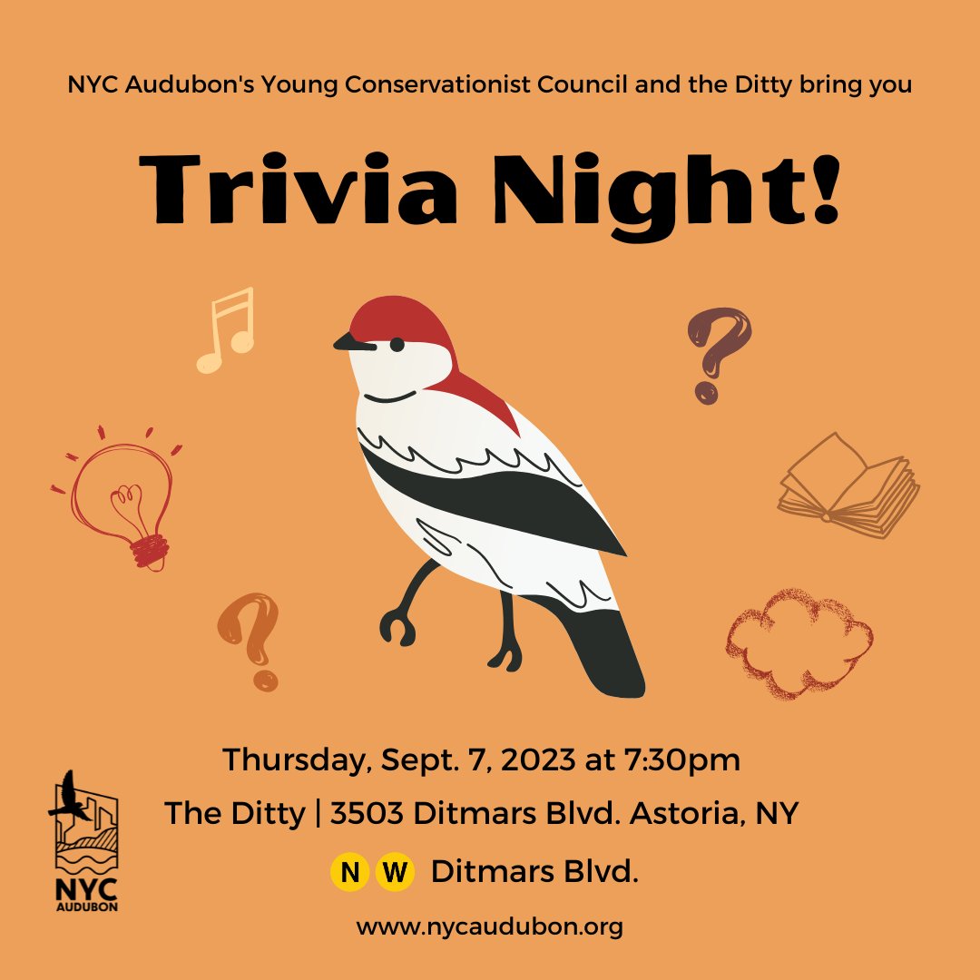 BIRD NERDS, ASSEMBLE! Join us after work on Sept. 7 for a fun and friendly bird-themed trivia competition at The Ditty in Astoria! Cool prizes for the winning teams. Registration encouraged: nycaudubon.app.neoncrm.com/np/clients/nyc…