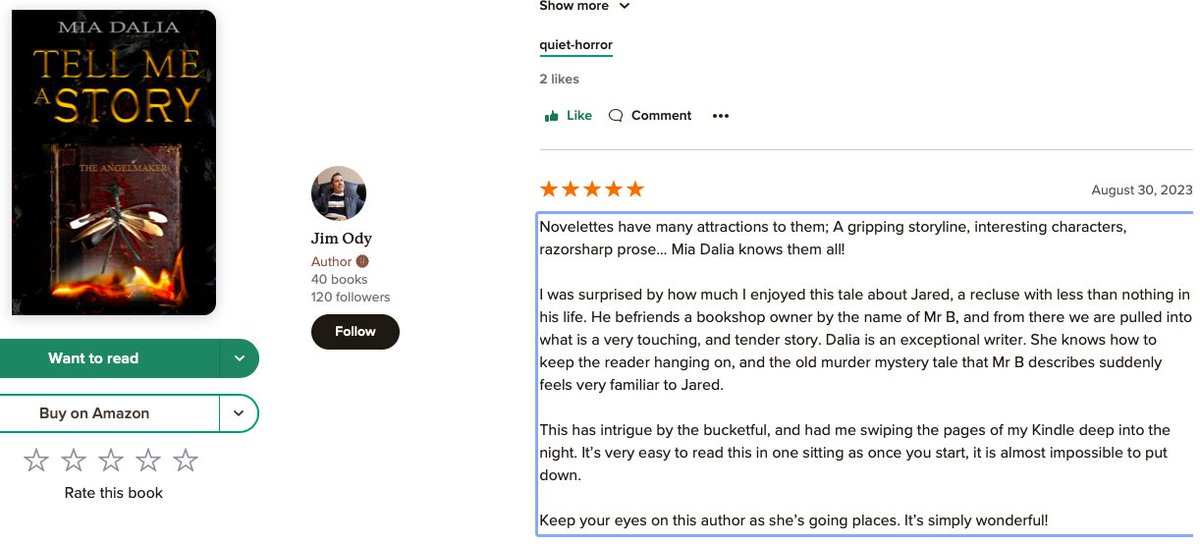 Many thanks to the awesome writer (and a new fan!) <a href="/Jim_Ody_Author/">Jim Ody = Horror/YA/Mystery Author</a> for his kind words. Reviews like these are why I tell stories! 
#DaliaVerse #TellMeAStory #horror
