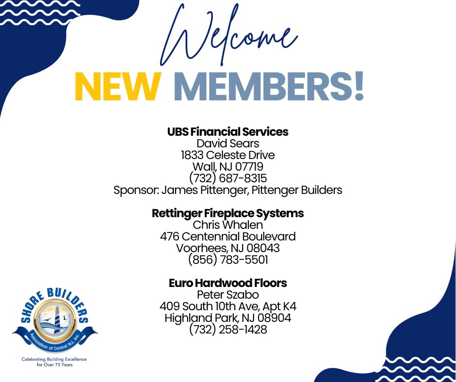 SBACNJ's tweet photo. #WelcomeWednesday
We would like to welcome these new members to our Association! 
#SBACNJ #HomebuildersAssociation #Membership #WelcomeNewMembers  #HomebuildingIndustry https://t.co/SJVpTxqEsQ