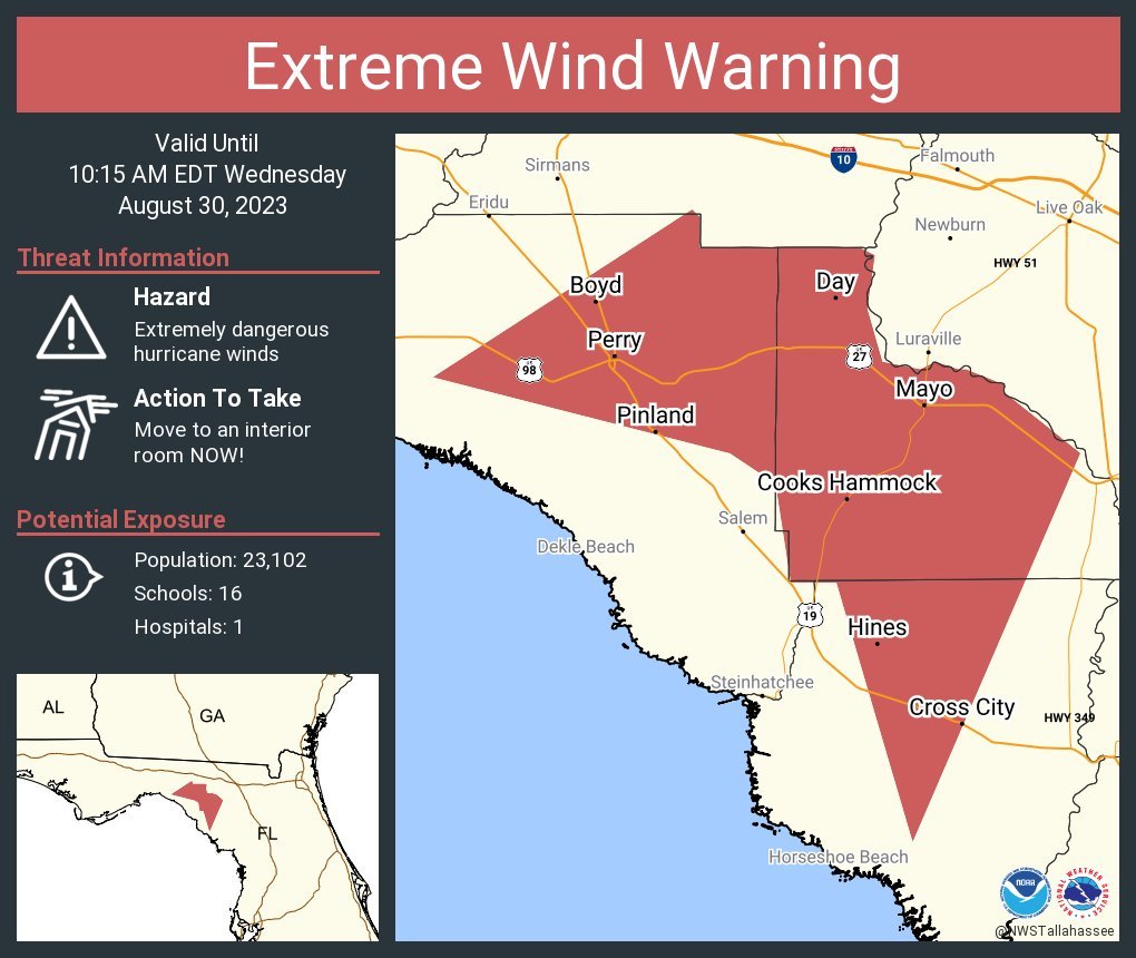 LimWeather's tweet photo. #ExtremeWindWarning extended to cover more areas of #TalyorCounty, #DixieCounty, #LafayetteCounty, #MadisonCounty, #Florida, #BigBend/#naturecoast
#Tropicswx #Wxtwitter #HurricaneSeason2023 #Flwx #HurricaneSeason #Idalia #HurricaneIdalia #Category3 #Hurricane #HurricanePrep https://t.co/9irPKg3XGo