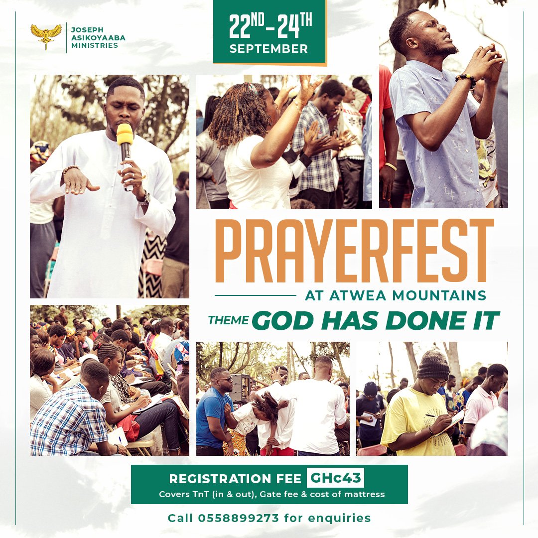SHEPHERDITES's tweet photo. PRAYERFEST at Atwea Mountains
Theme: GOD HAS DONE IT!
📆 22nd - 24th September, 2023
Click on the link below to register:
https://t.co/V9wyMrtLah
Call 0558899273 For More Enquiries
#tls #atwea #prayerfest https://t.co/U5BzcLG3VT