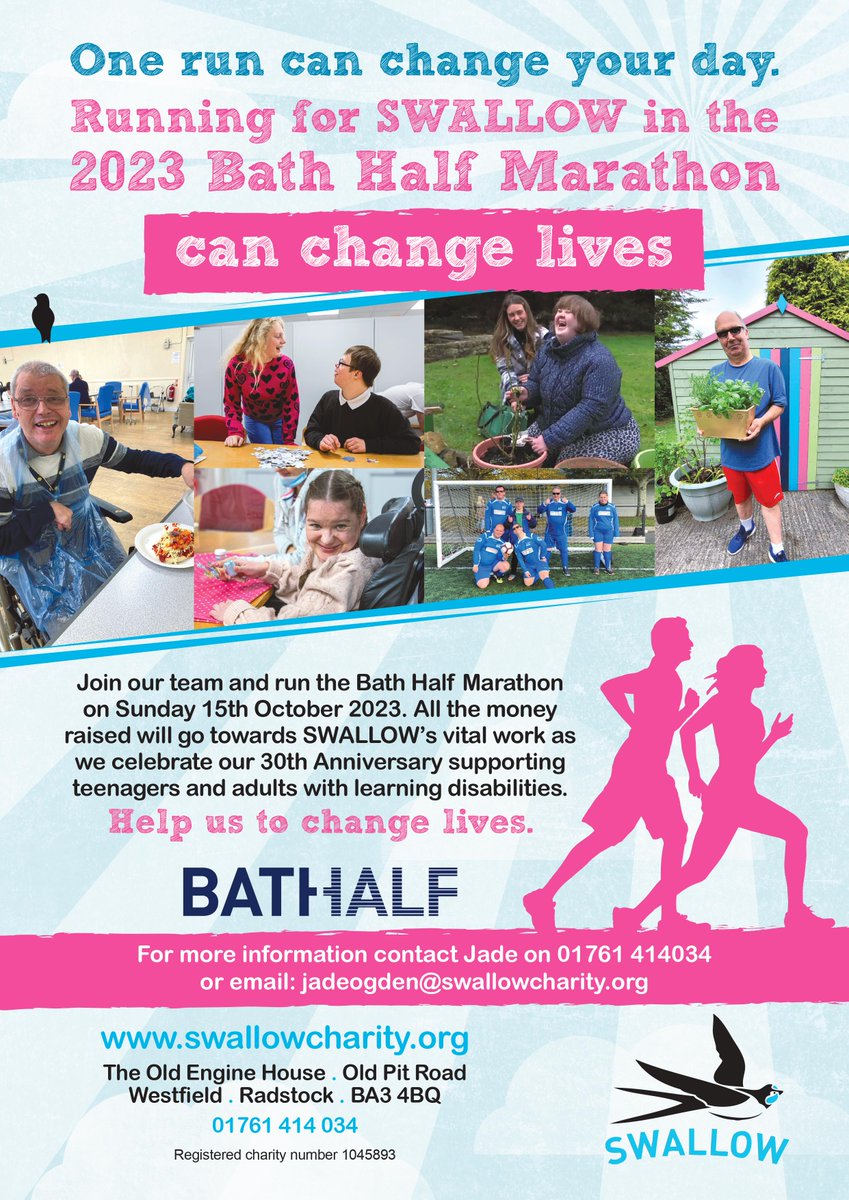 Only a few days left to sign up to join our <a href="/bathhalf/">Bath Half Marathon</a> marathon team.  We would be over the moon if you can!
✨One run can change your day - running for SWALLOW can change lives ✨
Get in touch with us by Monday 4th Sept on fundraising@swallowcharity.org
<a href="/Somer_AC/">Somer AC Running Club</a> <a href="/WestfieldTT/">WTT</a>