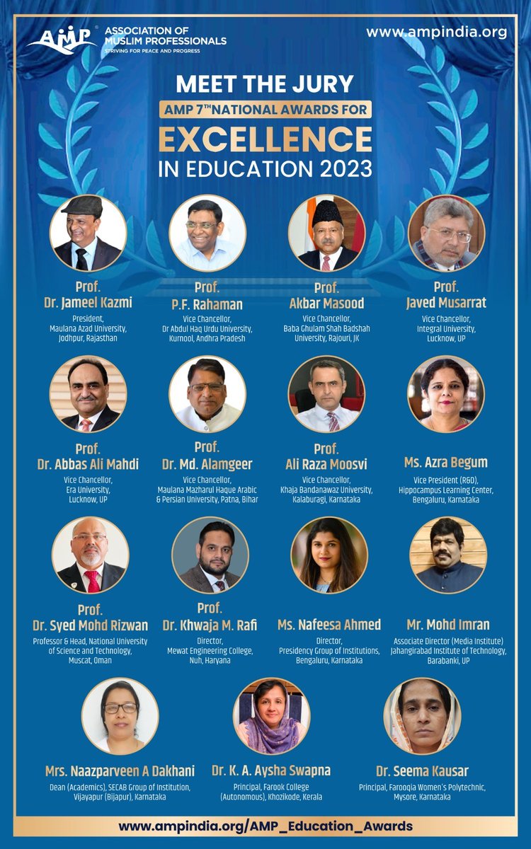 🏆 Exciting Update! Meet the esteemed Jury for AMP's 7th National Awards for Excellence in Education 2023. 
Join us on Sept 5th, 7:30 PM IST for the Felicitation Ceremony.
Register at:  tinyurl.com/webinar-regstr…
ZOOM ID: 828 6056 7239 Passcode: AMPNAEE23 #EducationAwards2023 🎊