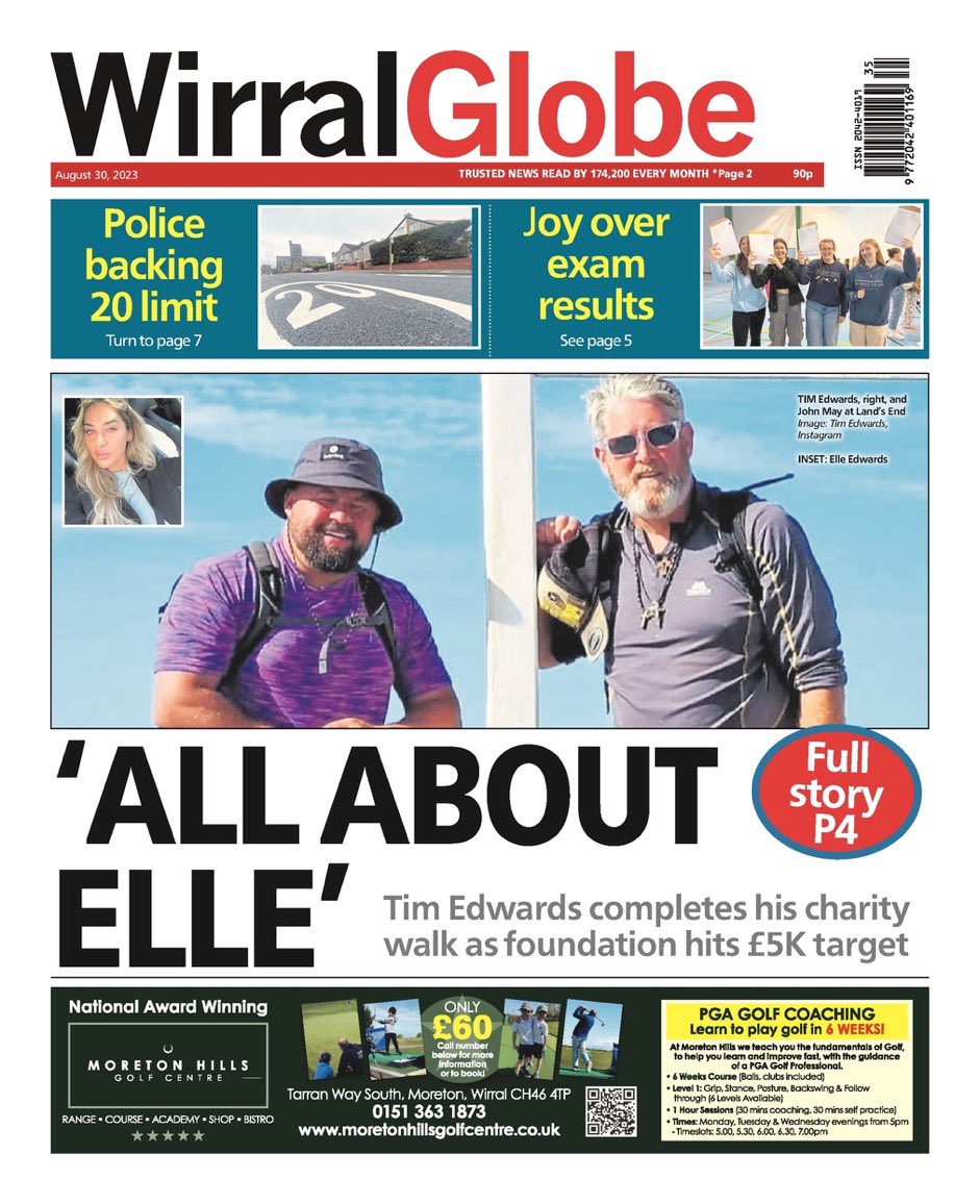 Another front page for me this week ✅
Read all about Tim Edwards’ and @thatjohnmay’s walk to Land’s End in aid of the #ElleEdwardsFoundation ❤️
The foundation has hit its £5k target which is incredible!! 
@WIRRALGLOBENEWS