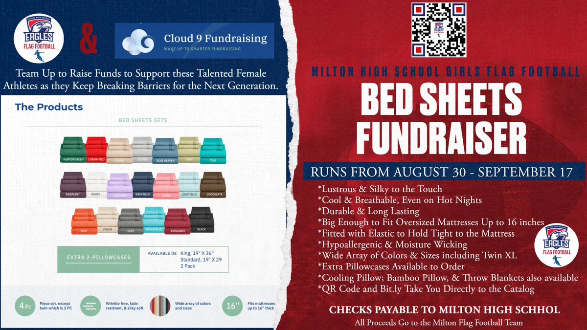 Milton Flag Football is kicking off their fundraiser and need your support. Please scan the QR code and it will take you directly to the catalog for the many choices offered. If you would like to purchase or donate to our program please message and we will respond quickly.