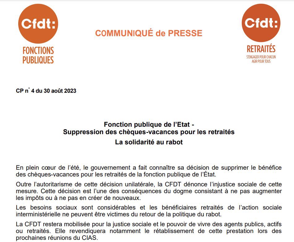 Dans un communiqué commun <a href="/UCRCFDT/">CFDT Retraités</a> et <a href="/CFDTfp/">CFDT Fonctions publiques</a> nous dénonçons la décision du Gvt de supprimer les chèques vacances pour les agents publics retraités de la #Fonctionpublique de l’Etat