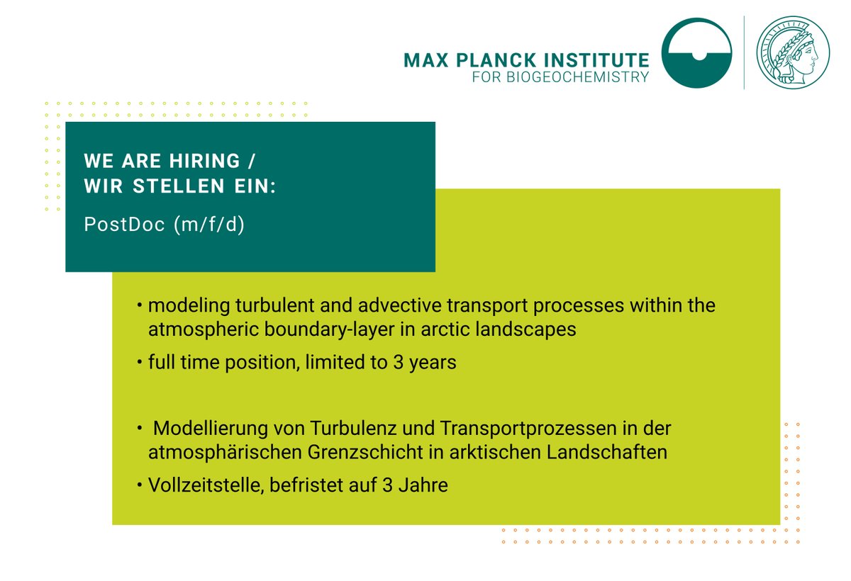 Max Planck Institute for Biogeochemistry (@mpi_bgc) on Twitter photo 🇬🇧#joboffer Looking for a #postdoc for Atmospheric boundary-layer modeling👩💻 in the <a href="/QArctic/">Q-Arctic</a> project. Apply by Oct 10: bgc-jena.mpg.de/en/career/16-2…
🇩🇪PostDoc #Stellenangebot zur Modellierung der atmosphärischen Grenzschicht.
Bewerbung bis 10.10.: bgc-jena.mpg.de/karriere/16-20…
Pls share! 🇬🇧#joboffer Looking for a #postdoc for Atmospheric boundary-layer modeling👩💻 in the <a href="/QArctic/">Q-Arctic</a> project. Apply by Oct 10: bgc-jena.mpg.de/en/career/16-2…
🇩🇪PostDoc #Stellenangebot zur Modellierung der atmosphärischen Grenzschicht.
Bewerbung bis 10.10.: bgc-jena.mpg.de/karriere/16-20…
Pls share!