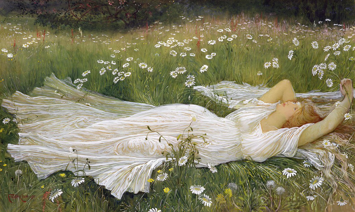 CelineSymbioss's tweet photo. Sıcak bir yaz gününde gölgelik bir çimen bulup uzandığında içine dolan o his.💙

🖼️Walter Crane, Summer, 1895.