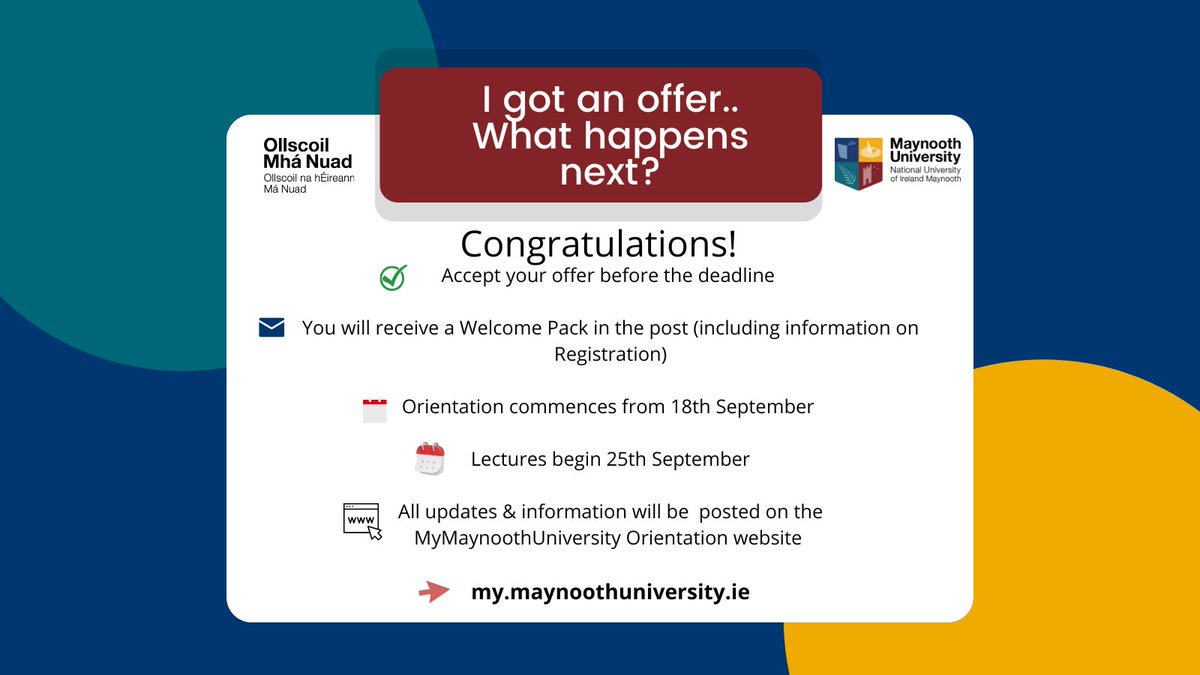Congratulations to everyone who received an offer for Maynooth University! We can't wait to welcome you to Maynooth 🙌

Check out what happens next 👇