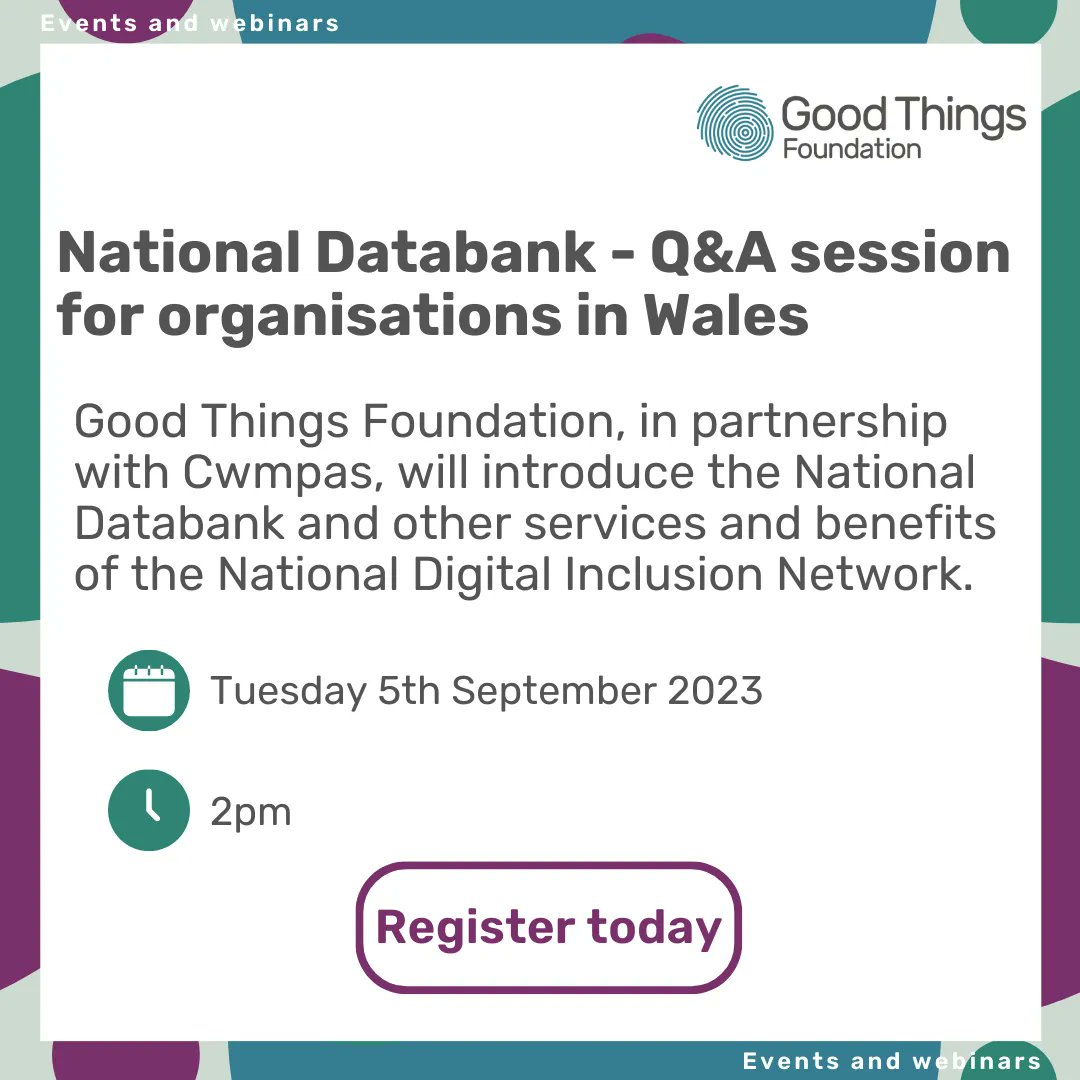 🔮 Next Tuesday (5 September) | 2pm National Databank – Q&A session for organisations in Wales 📶 Start distributing free internet data to those in need in your community. Learn how in this upcoming online session with @GoodThingsFdn. 👉: buff.ly/3L3kbKZ