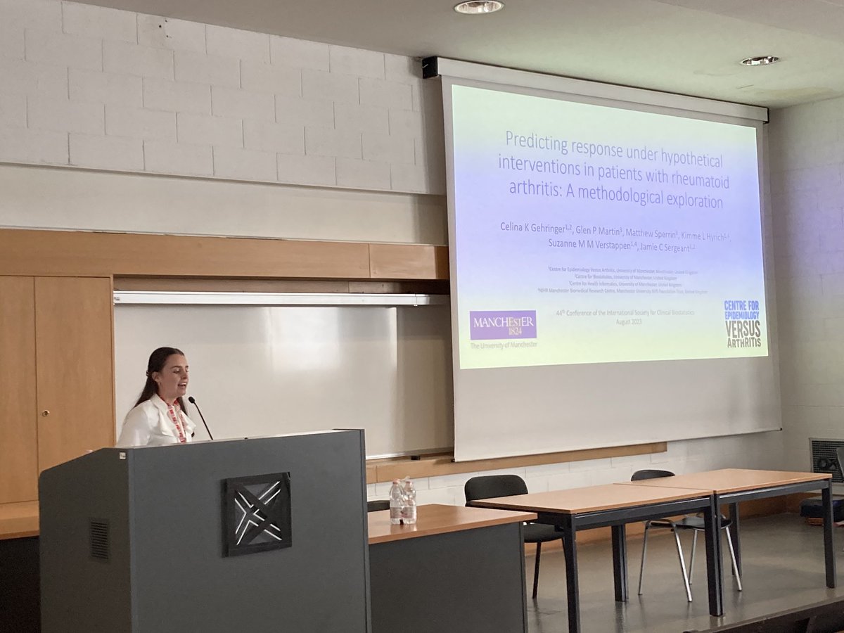 Now @GehringerCelina speaking on her PhD work on predicting response under hypothetical interventions in patients with rheumatoid arthritis: A methodological exploration — #iscb44