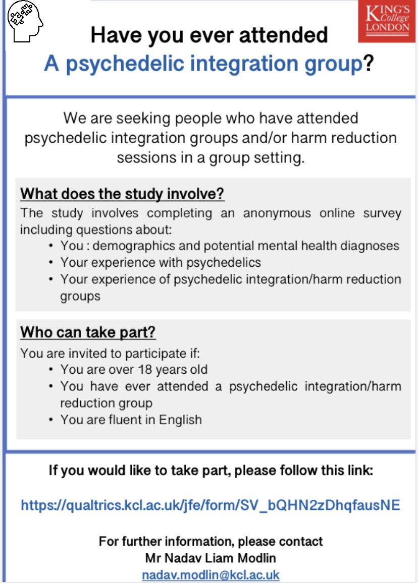 Our friends at @KingsIoPPN @KingsCollegeLon are conducting research into psychedelic integration groups headed by @LiamNadav You can complete via the link below: qualtrics.kcl.ac.uk/jfe/form/SV_bQ…