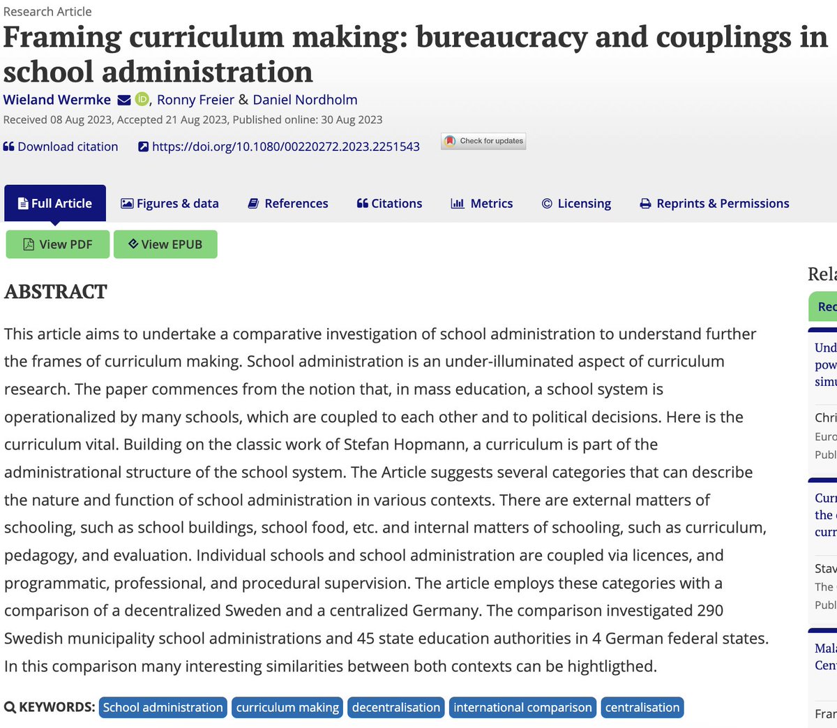 Journal of Curriculum Studies (JCS official) (@journal_jcs) on Twitter photo read all new and open access: "Framing curriculum making: bureaucracy and couplings in school administration" by <a href="/WielandWermke/">Wieland Wermke</a>, <a href="/FreierRonny/">Ronny Freier</a> and Daniel Nordholm.
#SchoolAdministration #CurriculumMaking #Decentralization #Centralization
tandfonline.com/doi/full/10.10… read all new and open access: "Framing curriculum making: bureaucracy and couplings in school administration" by <a href="/WielandWermke/">Wieland Wermke</a>, <a href="/FreierRonny/">Ronny Freier</a> and Daniel Nordholm.
#SchoolAdministration #CurriculumMaking #Decentralization #Centralization
tandfonline.com/doi/full/10.10…