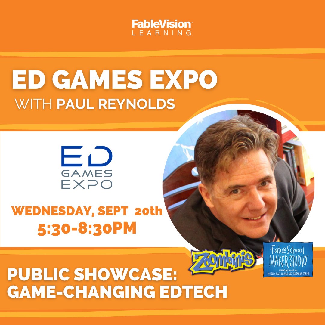 FableLearn's tweet image. EVENT ALERT 📣
The 9th annual #EDGamesExpo is right around the corner! @FablePaul and Andrea Calvin will be in D.C. for exciting STEM showcases featuring #FabMakerStudio and Zoombinis Club on September 20th &amp;amp; 21st - Check out the full event details here: fablevisionlearning.com/fvlevents