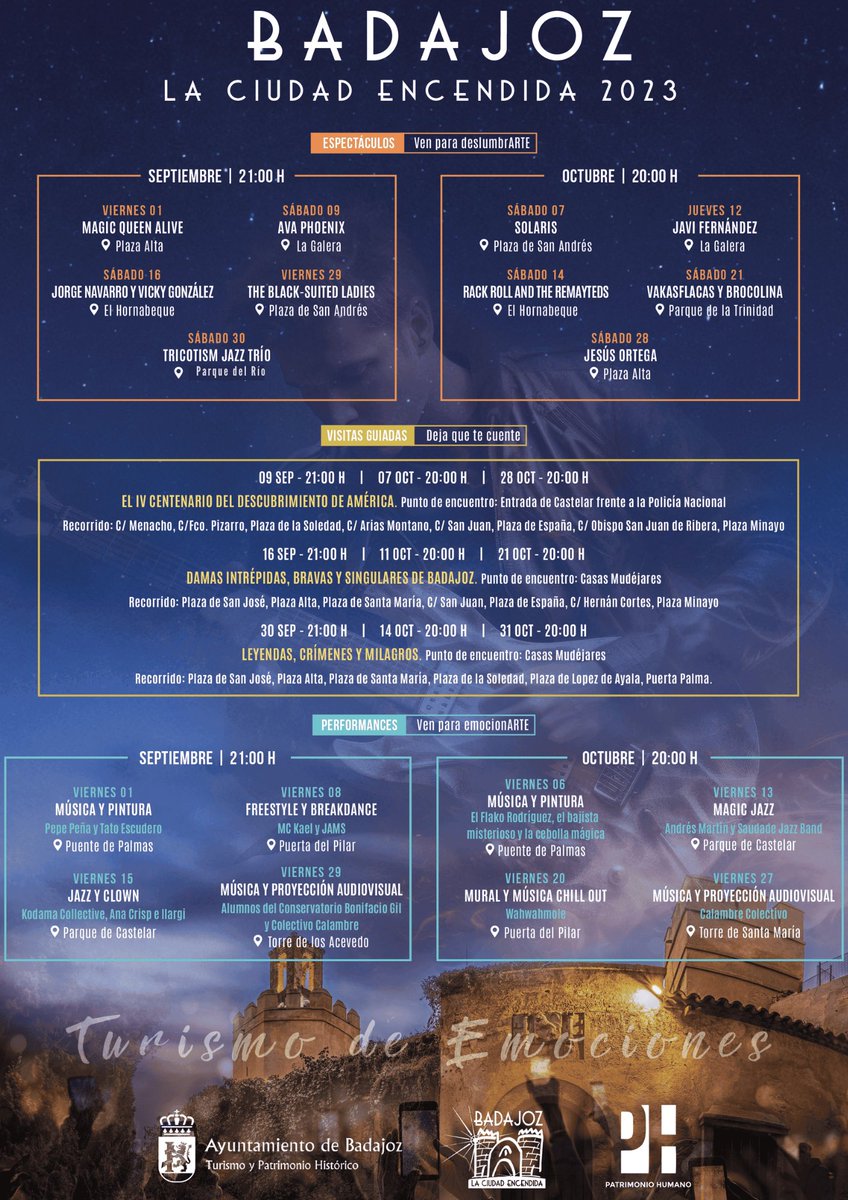 RubenGaleaGil's tweet photo. Programa completo para septiembre/octubre de Badajoz la Ciudad Encendida. Espectáculos, performances y visitas guiadas, incorporando espacios como el hornabeque, plaza de San Andrés, jardines de Trinidad o el puente de palmas. @TurismoBadajoz @aytodebadajoz @BarreraGragera https://t.co/NDGpoQ9psv