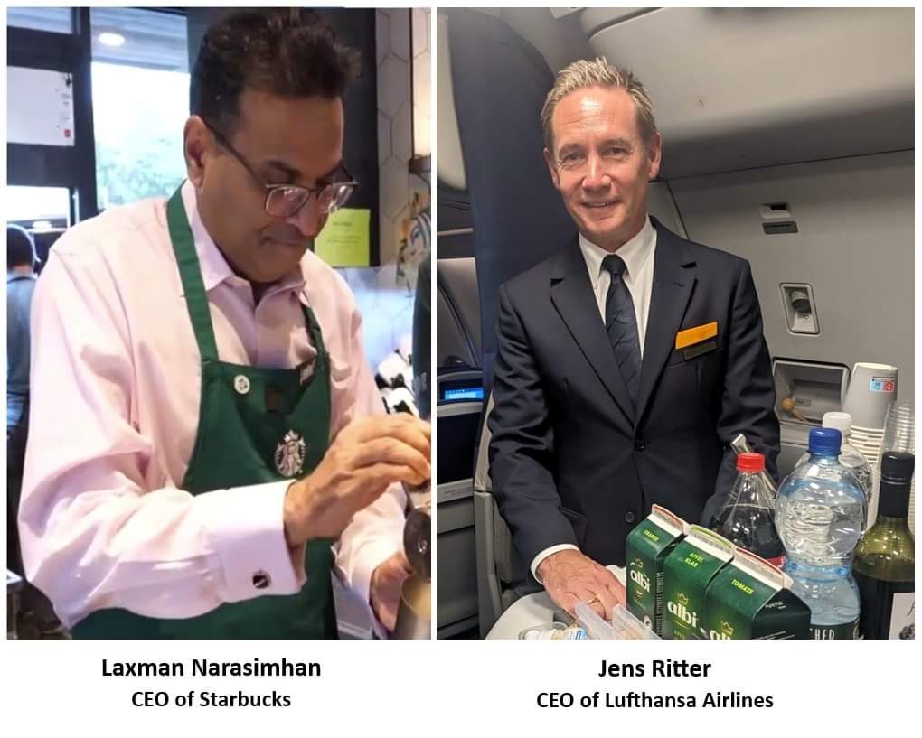 Starbucks-ийн гүйцэтгэх захирал Laxman үе үе баристагийн үүргийг гүйцэтгэдэг бол Lufthansa Airlines компанийн гүйцэтгэх захирал Jens Ritter онгоцны үйлчлэгчээр ажилладаг байна. Эдгээр үйлдлүүд үлгэр жишээ манлайллын сонгодог жишээ гэнэ.