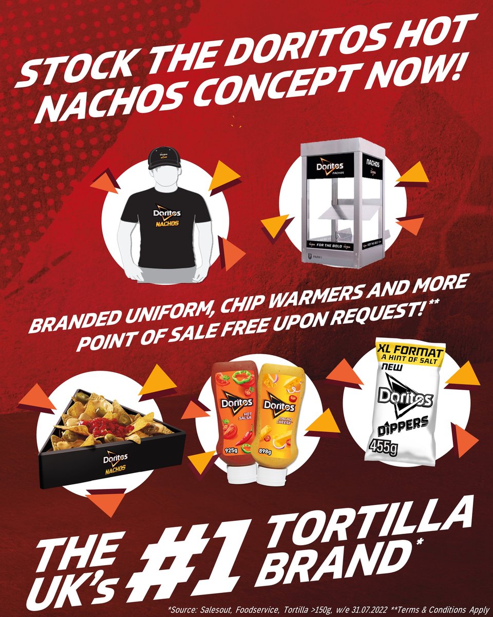 JBFoods's tweet photo. Stock the UK’s Bestselling Tortilla Chip now as Nachos!
Pair Lightly Salted Doritos (30356) with the bold flavours of hot squeezy salsa (74906) and nacho cheese sauce (21562) to create a moreish snack offering.
Call 0131 448 2888 to find out more. https://t.co/AfOSN7FNCT