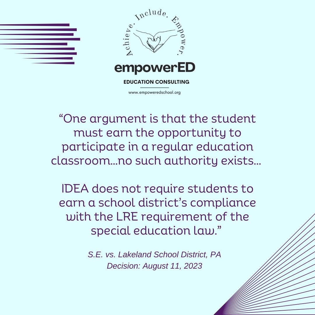 It's a win for #inclusion in PA.  Read the whole decision here:   

⭐️bit.ly/newodrd ⭐️

 "IDEA does not require students to earn a school district's compliance with the LRE requirement of the law."🎤drop

(reposted with updated link)