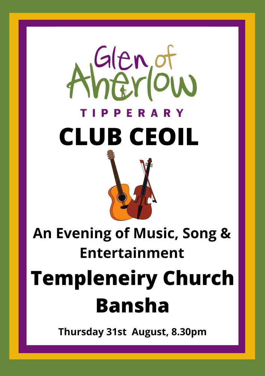 TOMORROW EVENING !!!! Club Ceoil will take place in Templeneiry Church, Bansha. This brings the Summer season to a close so come along to what is sure to be a great night. Look out for future one off Club Ceoil nights, throughout the year, on our Socials. #GlenofAherlow