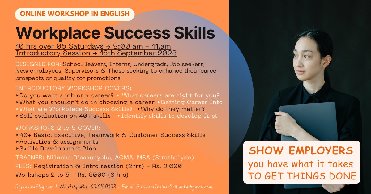 Message to school leavers and parents:
The first session of my Workplace Success Skills workshop focuses on finding careers, career paths and figuring out strengths and weaknesses from a 40+ list of #WorkplaceSuccess #Skills <a href="/MindcultureGuru/">MindcultureGuru</a> <a href="/diyunuwa/">දියුණුව @Diyunuwa | Find Your Way to Success</a> <a href="/TrainerNilooka/">Nilooka Dissanayake, ACMA, MBA (Strathclyde)</a> #SriLanka